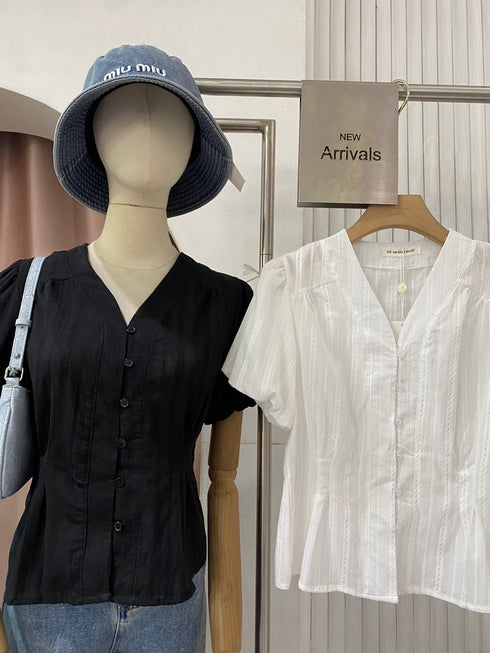 Puff Sleeves V-neck Casual Embroidered Tops
